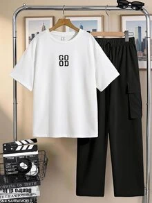 SHEIN 2 Pieces Tween Boys Simple Pure Color Small Letter Clash Texture Dark Short Sleeve T-Shirt - Black and White - View 8