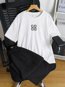 SHEIN 2 Pieces Tween Boys Simple Pure Color Small Letter Clash Texture Dark Short Sleeve T-Shirt - Black and White - View 2