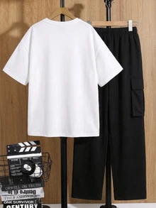 SHEIN 2 Pieces Tween Boys Simple Pure Color Small Letter Clash Texture Dark Short Sleeve T-Shirt - Black and White - View 3