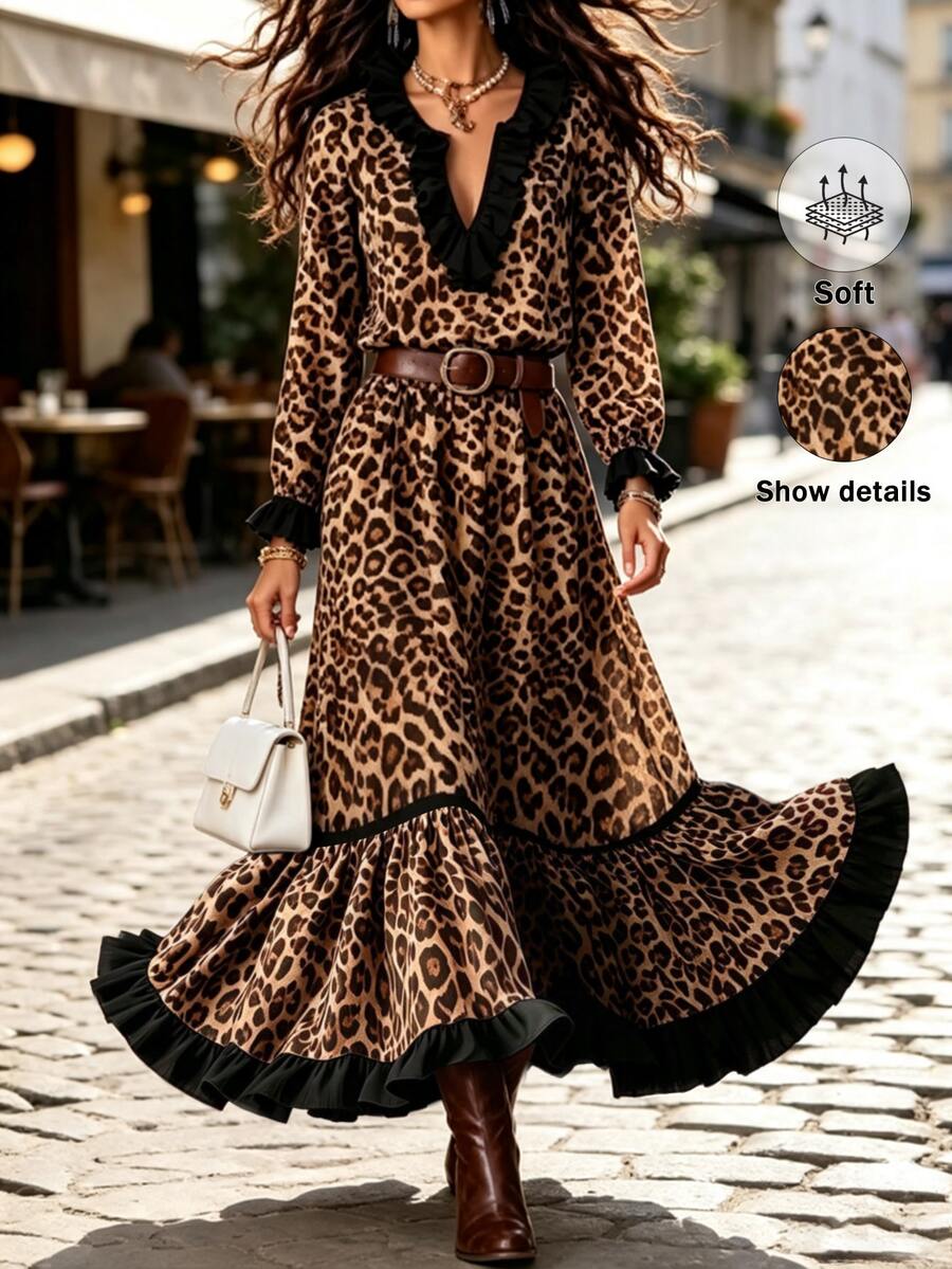 Breezaya Spring/Summer Women's Fashion Vintage Leopard Print Black Trim Contrast Color Ruffle Trim, Spring/Autumn 2-Piece Set, Suitable For All Seasons, Perfect For Daily Commute, Outings, Dates, Vacations And Various Occasions, Fashionable Outfit - Multicolor - View 1