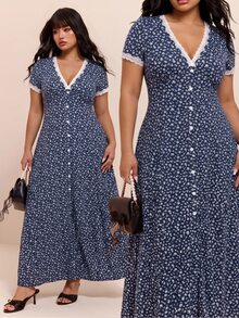 CovetEZ New Lace Patchwork Contrast Color Romantic Floral V-Neck Casual Long Plus Size Dress - Navy Blue - View 1