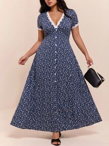 CovetEZ New Lace Patchwork Contrast Color Romantic Floral V-Neck Casual Long Plus Size Dress - Navy Blue - View 4