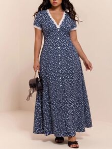 CovetEZ New Lace Patchwork Contrast Color Romantic Floral V-Neck Casual Long Plus Size Dress - Navy Blue - View 3