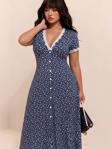 CovetEZ New Lace Patchwork Contrast Color Romantic Floral V-Neck Casual Long Plus Size Dress - Navy Blue - View 9