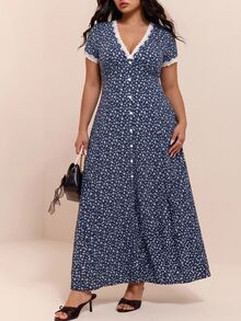 CovetEZ New Lace Patchwork Contrast Color Romantic Floral V-Neck Casual Long Plus Size Dress - Navy Blue - View 6
