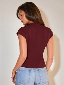 COSMINA Women's Fashion Solid Color Ruched Waist Blouse, Street Casual Elegant Dinner Dinner Date Date Office Burgundy Autumn - Burgundy - View 2