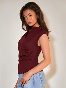 COSMINA Women's Fashion Solid Color Ruched Waist Blouse, Street Casual Elegant Dinner Dinner Date Date Office Burgundy Autumn - Burgundy - View 5
