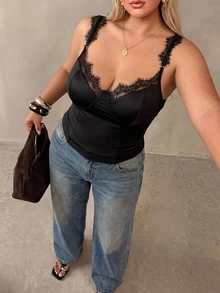 Auralis New Elegant Slim Fit Pullover Lace Patchwork Sweetheart Neckline Sexy Street Style Plus Size Black Tight Tank Top Casual Daily Going Out Top For Women - Black - View 4
