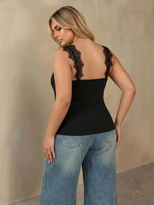 Auralis New Elegant Slim Fit Pullover Lace Patchwork Sweetheart Neckline Sexy Street Style Plus Size Black Tight Tank Top Casual Daily Going Out Top For Women - Black - View 3