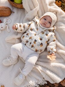 SHEIN Vintaside Kids 女嬰秋冬長袖連帽時尚休閒百搭可愛蜜蜂數位印花保暖內裡夾克，適合涼爽/寒冷天氣外出、購物、度假或日常休閒公園散步 - 黃色 - 查看 4