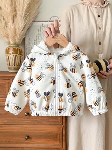 SHEIN Vintaside Kids 女嬰秋冬長袖連帽時尚休閒百搭可愛蜜蜂數位印花保暖內裡夾克，適合涼爽/寒冷天氣外出、購物、度假或日常休閒公園散步 - 黃色 - 查看 7