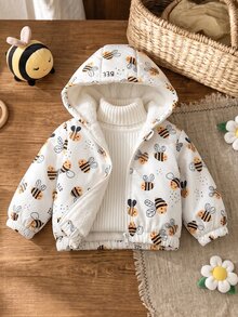 SHEIN Vintaside Kids 女嬰秋冬長袖連帽時尚休閒百搭可愛蜜蜂數位印花保暖內裡夾克，適合涼爽/寒冷天氣外出、購物、度假或日常休閒公園散步 - 黃色 - 查看 1