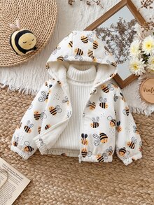 SHEIN Vintaside Kids 女嬰秋冬長袖連帽時尚休閒百搭可愛蜜蜂數位印花保暖內裡夾克，適合涼爽/寒冷天氣外出、購物、度假或日常休閒公園散步 - 黃色 - 查看 5