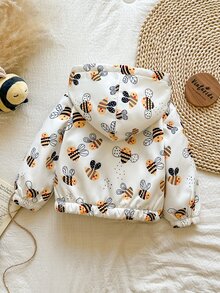 SHEIN Vintaside Kids 女嬰秋冬長袖連帽時尚休閒百搭可愛蜜蜂數位印花保暖內裡夾克，適合涼爽/寒冷天氣外出、購物、度假或日常休閒公園散步 - 黃色 - 查看 2
