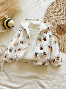 SHEIN Vintaside Kids 女嬰秋冬長袖連帽時尚休閒百搭可愛蜜蜂數位印花保暖內裡夾克，適合涼爽/寒冷天氣外出、購物、度假或日常休閒公園散步 - 黃色 - 查看 6