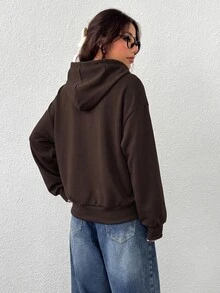 SHEIN EZwear 女款純色抽繩連帽休閒百搭日常穿著運動衫 - 咖啡棕 - 查看 2