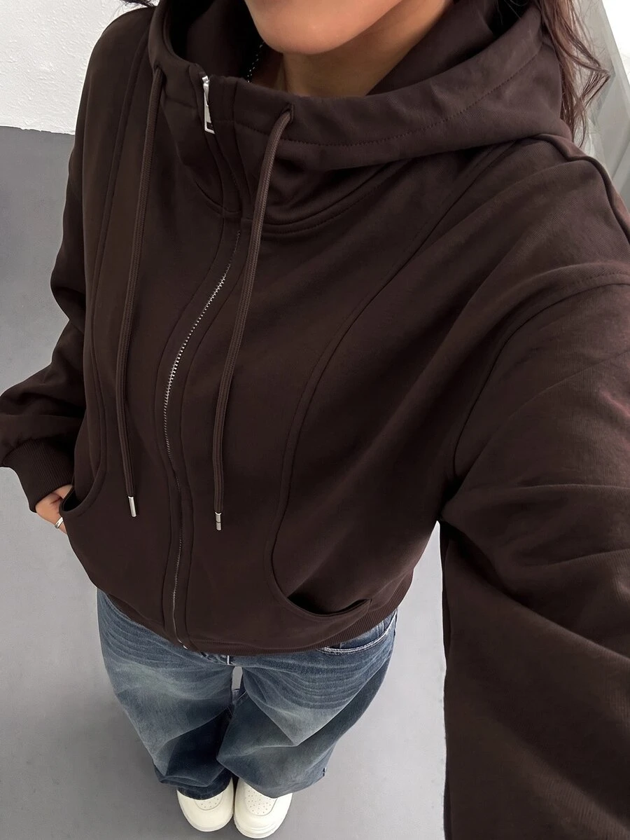 SHEIN EZwear 女款純色抽繩連帽休閒百搭日常穿著運動衫 - 咖啡棕 - 查看 1