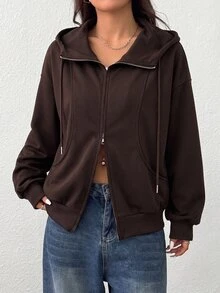SHEIN EZwear 女款純色抽繩連帽休閒百搭日常穿著運動衫 - 咖啡棕 - 查看 3