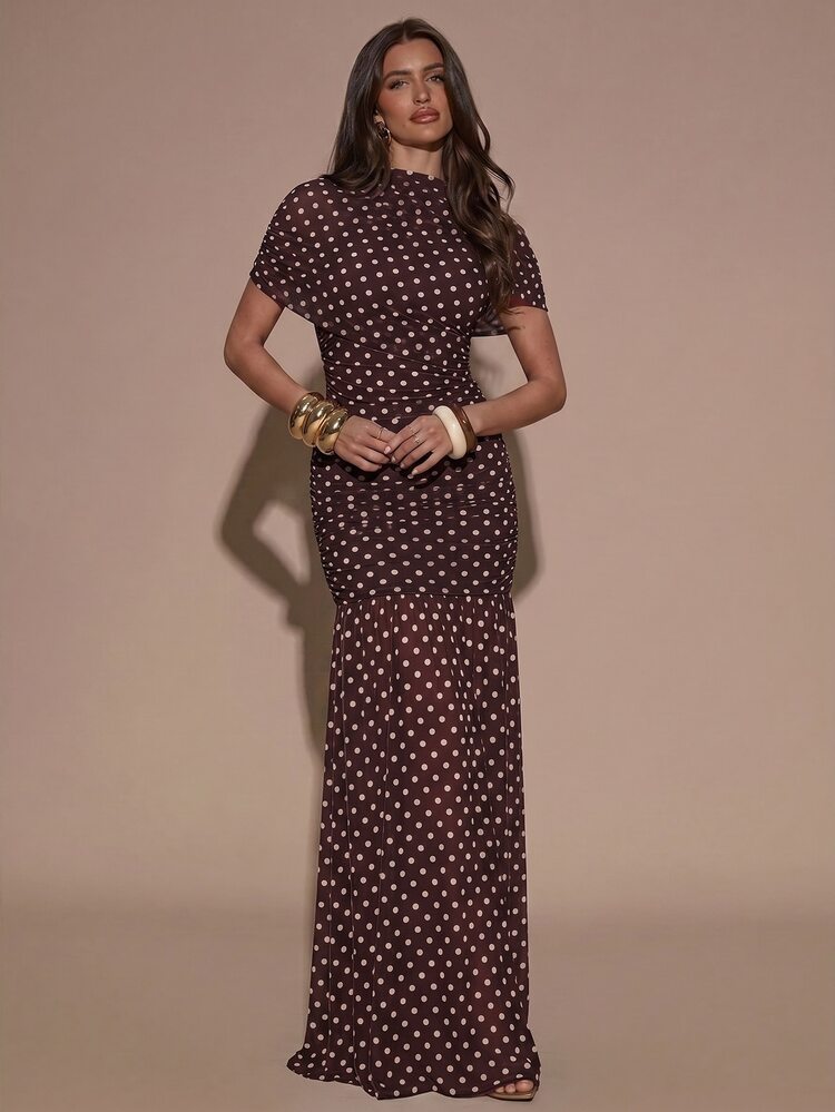 SHEIN BAE White Base Black Polka Dot Print Round Neck Short Sleeve Bodycon Ruffle Hem Elegant Dress, Elegant Dress, Polka Dot Dress - Coffee Brown - View 3
