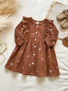 SHEIN Vintaside Kids 女嬰女童春秋長袖優雅簡約燈芯絨襯衫洋裝，適合外出、露營、野餐、度假及休閒日常穿著 - 棕色 - 查看 6