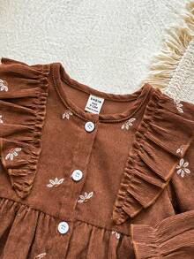 SHEIN Vintaside Kids 女嬰女童春秋長袖優雅簡約燈芯絨襯衫洋裝，適合外出、露營、野餐、度假及休閒日常穿著 - 棕色 - 查看 7