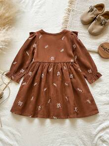 SHEIN Vintaside Kids 女嬰女童春秋長袖優雅簡約燈芯絨襯衫洋裝，適合外出、露營、野餐、度假及休閒日常穿著 - 棕色 - 查看 2