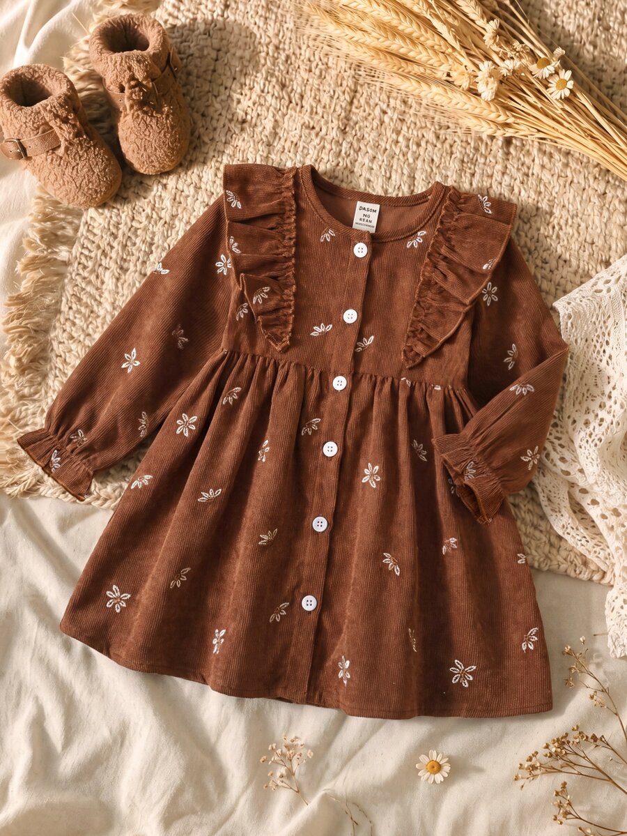SHEIN Vintaside Kids 女嬰女童春秋長袖優雅簡約燈芯絨襯衫洋裝,適合外出、露營、野餐、度假及休閒日常穿著 - 棕色 - 查看 1