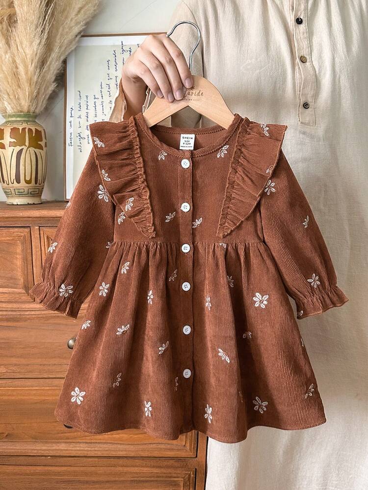 SHEIN Vintaside Kids 女嬰女童春秋長袖優雅簡約燈芯絨襯衫洋裝，適合外出、露營、野餐、度假及休閒日常穿著 - 棕色 - 查看 3