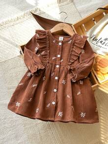 SHEIN Vintaside Kids 女嬰女童春秋長袖優雅簡約燈芯絨襯衫洋裝，適合外出、露營、野餐、度假及休閒日常穿著 - 棕色 - 查看 5