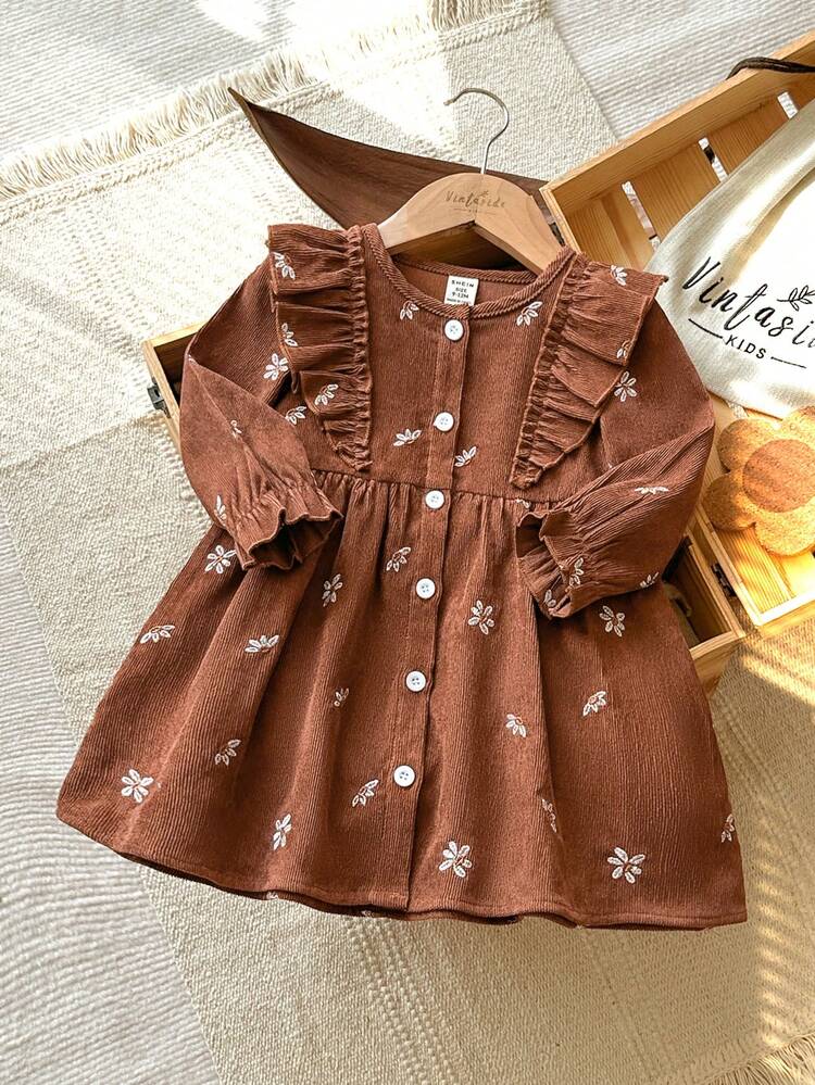 SHEIN Vintaside Kids 女嬰女童春秋長袖優雅簡約燈芯絨襯衫洋裝，適合外出、露營、野餐、度假及休閒日常穿著 - 棕色 - 查看 5