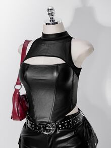 SHEIN ICON Rompi Hitam Wanita Ukuran Plus Gaya Retro Seksi Modis Urban Modern Sederhana Gaya Jalanan Jala Patchwork Kulit Leher Tinggi dengan Potongan - Hitam - View 7
