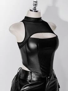 SHEIN ICON Rompi Hitam Wanita Ukuran Plus Gaya Retro Seksi Modis Urban Modern Sederhana Gaya Jalanan Jala Patchwork Kulit Leher Tinggi dengan Potongan - Hitam - View 4