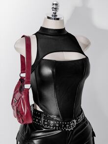 SHEIN ICON Rompi Hitam Wanita Ukuran Plus Gaya Retro Seksi Modis Urban Modern Sederhana Gaya Jalanan Jala Patchwork Kulit Leher Tinggi dengan Potongan - Hitam - View 11