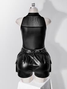 SHEIN ICON Rompi Hitam Wanita Ukuran Plus Gaya Retro Seksi Modis Urban Modern Sederhana Gaya Jalanan Jala Patchwork Kulit Leher Tinggi dengan Potongan - Hitam - View 2