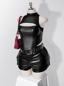 SHEIN ICON Rompi Hitam Wanita Ukuran Plus Gaya Retro Seksi Modis Urban Modern Sederhana Gaya Jalanan Jala Patchwork Kulit Leher Tinggi dengan Potongan - Hitam - View 6