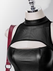 SHEIN ICON Rompi Hitam Wanita Ukuran Plus Gaya Retro Seksi Modis Urban Modern Sederhana Gaya Jalanan Jala Patchwork Kulit Leher Tinggi dengan Potongan - Hitam - View 8