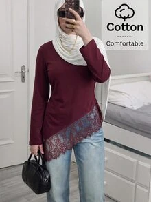 Solavon Women's Lace Patchwork Asymmetrical Hem T-Shirt - Burgundy - View 1