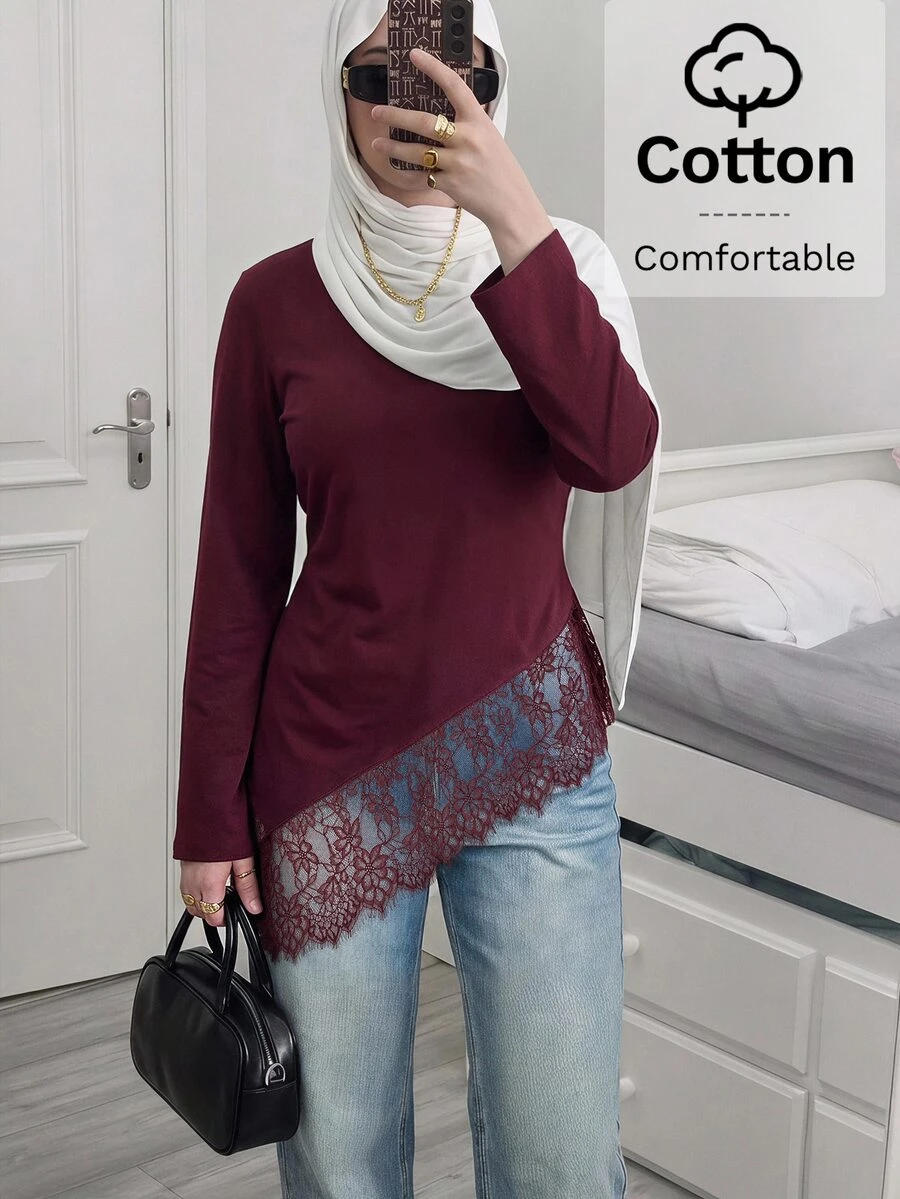 Solavon Women's Lace Patchwork Asymmetrical Hem T-Shirt - Burgundy - View 1