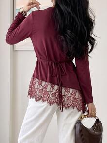 Solavon Women's Lace Patchwork Asymmetrical Hem T-Shirt - Burgundy - View 5