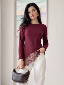 Solavon Women's Lace Patchwork Asymmetrical Hem T-Shirt - Burgundy - View 4