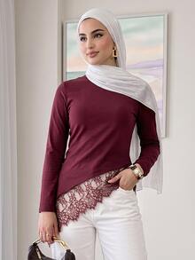 Solavon Women's Lace Patchwork Asymmetrical Hem T-Shirt - Burgundy - View 2