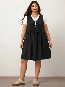 Enliva Plus-Size Women's Dress, With Front Tie And Pockets, Loose Fit, Compatible With Apple-Shaped Figures With Round Hips / 2026 Back-To-School White Black - Black - View 7