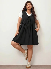 Enliva Plus-Size Women's Dress, With Front Tie And Pockets, Loose Fit, Compatible With Apple-Shaped Figures With Round Hips / 2026 Back-To-School White Black - Black - View 5
