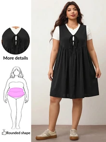Enliva Plus-Size Women's Dress, With Front Tie And Pockets, Loose Fit, Compatible With Apple-Shaped Figures With Round Hips / 2026 Back-To-School White Black - Black - View 1