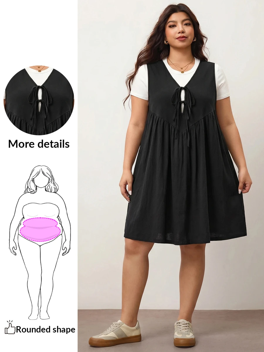 Enliva Plus-Size Women's Dress, With Front Tie And Pockets, Loose Fit, Compatible With Apple-Shaped Figures With Round Hips / 2026 Back-To-School White Black - Black - View 1