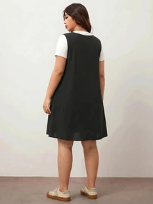 Enliva Plus-Size Women's Dress, With Front Tie And Pockets, Loose Fit, Compatible With Apple-Shaped Figures With Round Hips / 2026 Back-To-School White Black - Black - View 2