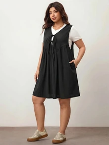 Enliva Plus-Size Women's Dress, With Front Tie And Pockets, Loose Fit, Compatible With Apple-Shaped Figures With Round Hips / 2026 Back-To-School White Black - Black - View 3