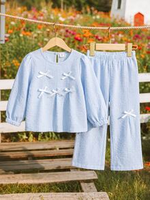 Vintaside Kids Young Girls Multi-Bow Decor Round Neck Top & Wide Leg Split Pants Set, Comfortable Slightly Stretchy Autumn Campus Outfit - Multicolor - View 3