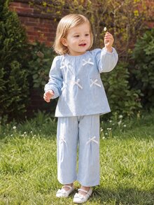 Vintaside Kids Young Girls Multi-Bow Decor Round Neck Top & Wide Leg Split Pants Set, Comfortable Slightly Stretchy Autumn Campus Outfit - Multicolor - View 2
