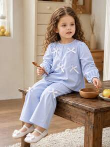 Vintaside Kids Young Girls Multi-Bow Decor Round Neck Top & Wide Leg Split Pants Set, Comfortable Slightly Stretchy Autumn Campus Outfit - Multicolor - View 1